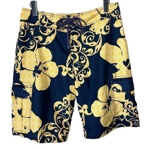 𝅺old Navy Swim Surf Board Cargo Style Shorts Hawaiian Vibes Navy Blue Yellow
